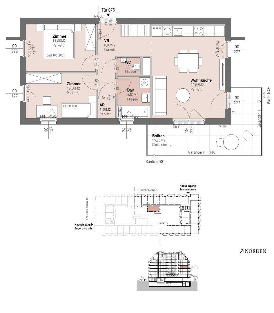 Detaillierter Grundriss einer 3-Zimmer-Wohnung mit offenem Wohnbereich, zwei Schlafzimmern und Balkon.