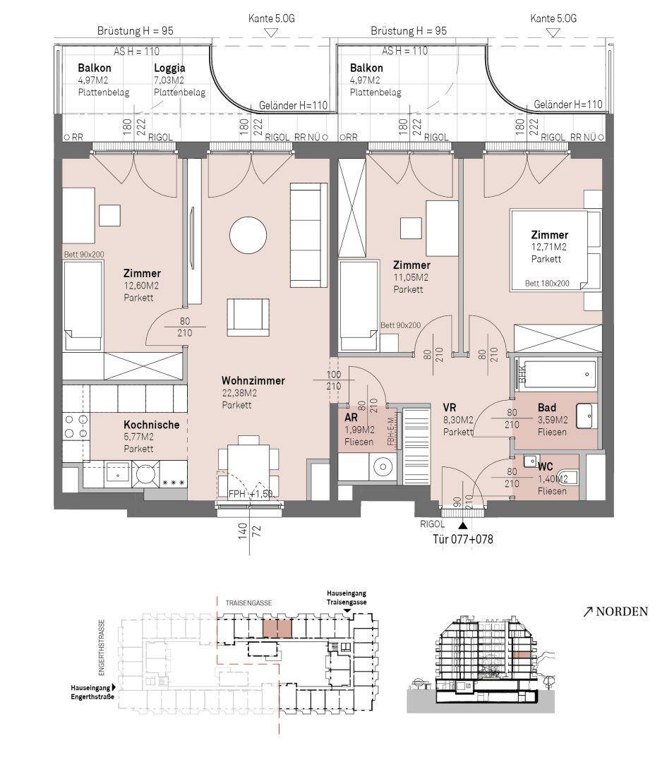 Grundriss einer Wohnung mit offener Kochnische, Wohnzimmer, drei Zimmern, Bad, separatem WC, Balkon und Loggia.