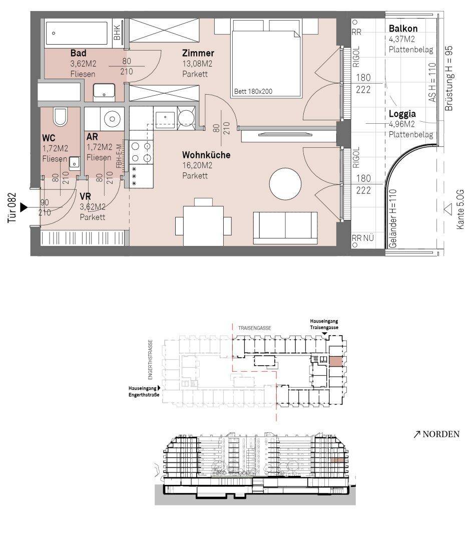 Detaillierter Grundriss einer Wohnung mit Wohnküche, Schlafzimmer und Balkon.