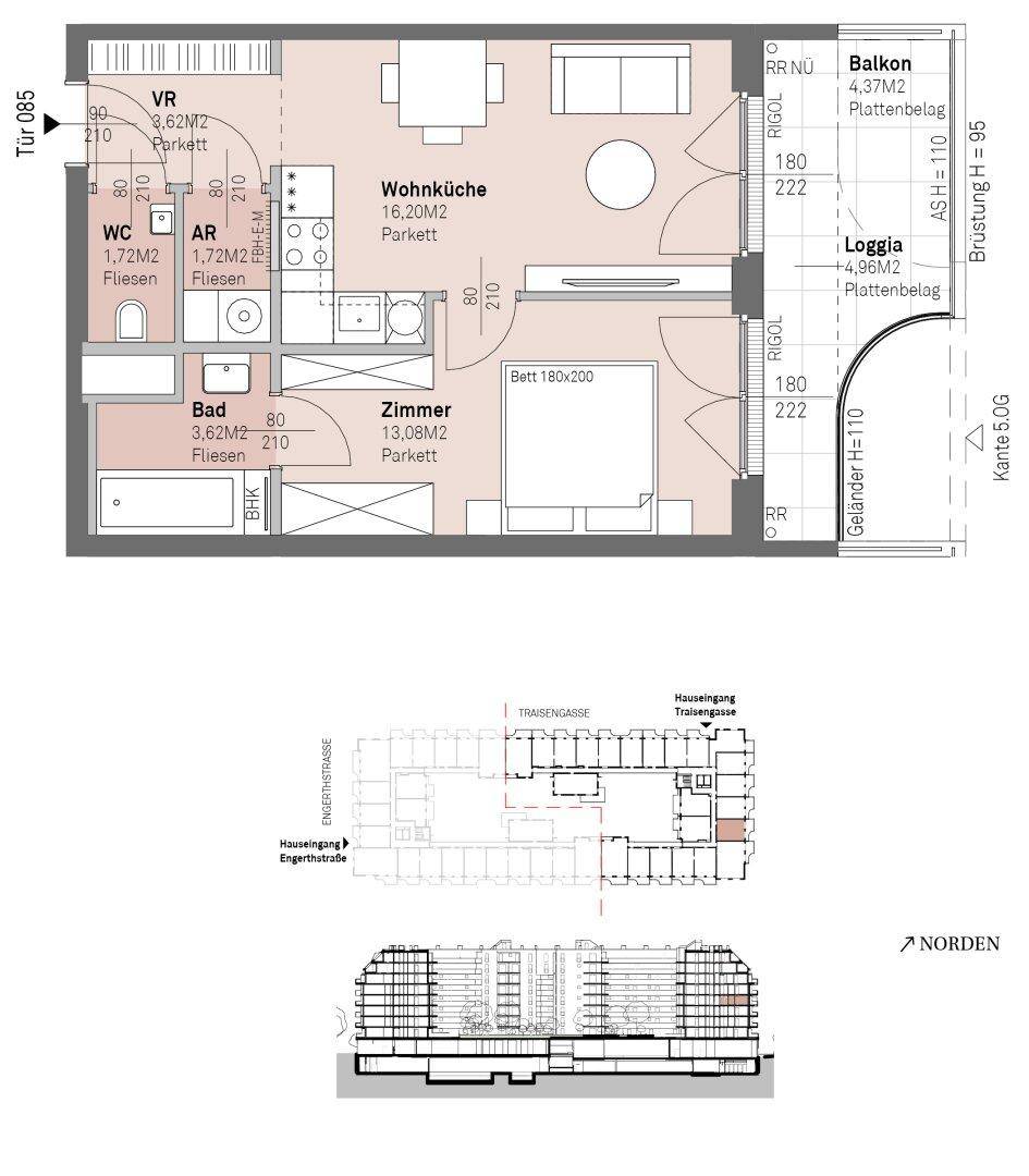 Detaillierter Grundriss einer Wohnung mit Wohnküche, Schlafzimmer, Bad, WC, Balkon und Loggia.