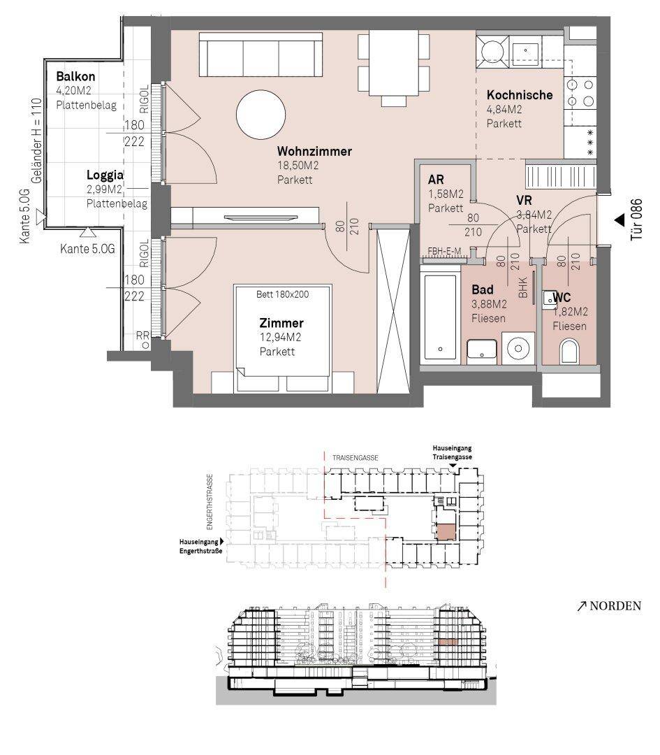 Grundriss einer Wohnung mit Wohnzimmer, Zimmer, Kochküche, Bad und WC sowie Balkon und Loggia.