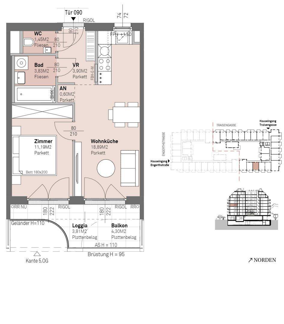 Detaillierter Grundriss einer Wohnung mit Wohnküche, Zimmer, Bad und Loggia.