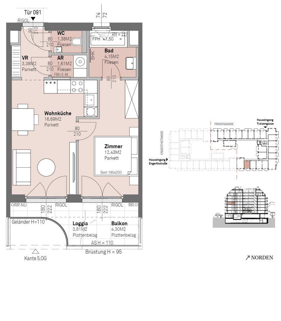 Grundriss einer Wohnung mit Wohnküche, Schlafzimmer, Bad, WC, Loggia und Balkon.