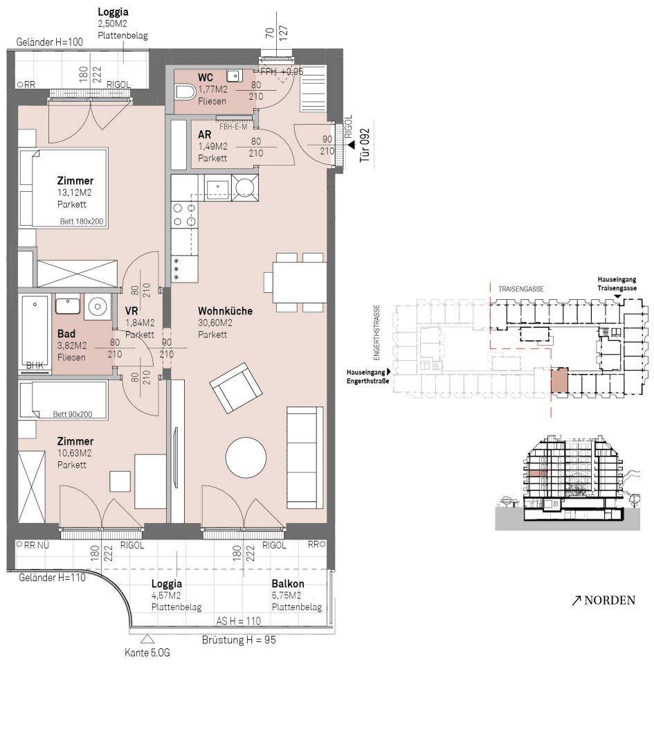 Grundriss einer Wohnung mit offener Wohnküche, zwei Schlafzimmern, Bad, separatem WC und zwei Loggien.
