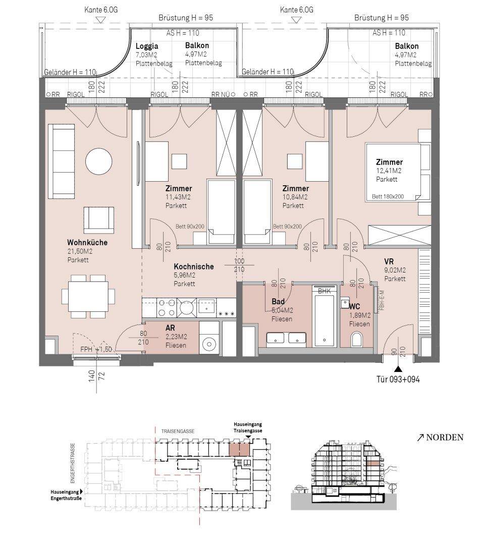 Detaillierter Grundriss einer Wohnung mit Wohnküche, zwei Zimmern und Balkonen.