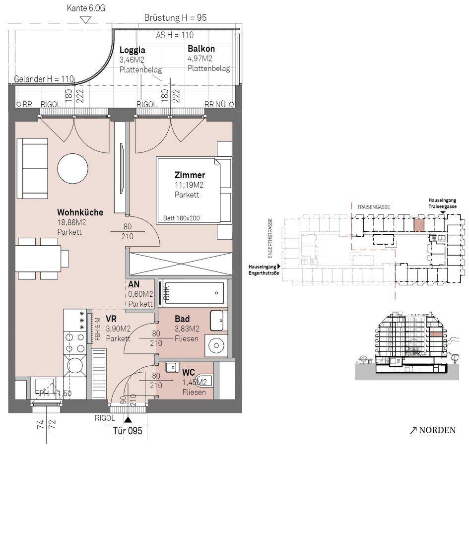 Detaillierter Grundriss einer Wohnung mit offener Wohnküche, einem Schlafzimmer, Bad, separatem WC sowie Loggia und Balkon.