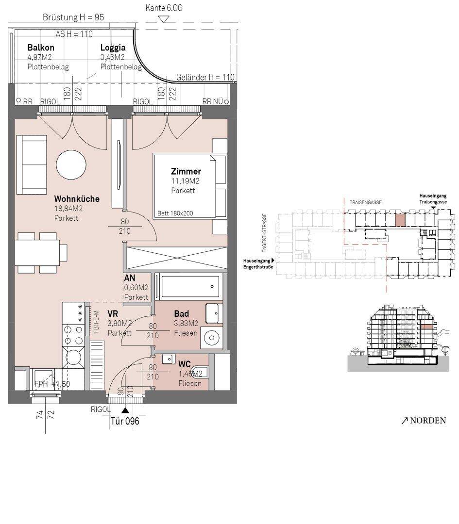 Grundriss einer Wohnung mit offener Wohnküche, einem Schlafzimmer, Bad, separatem WC, Balkon und Loggia.