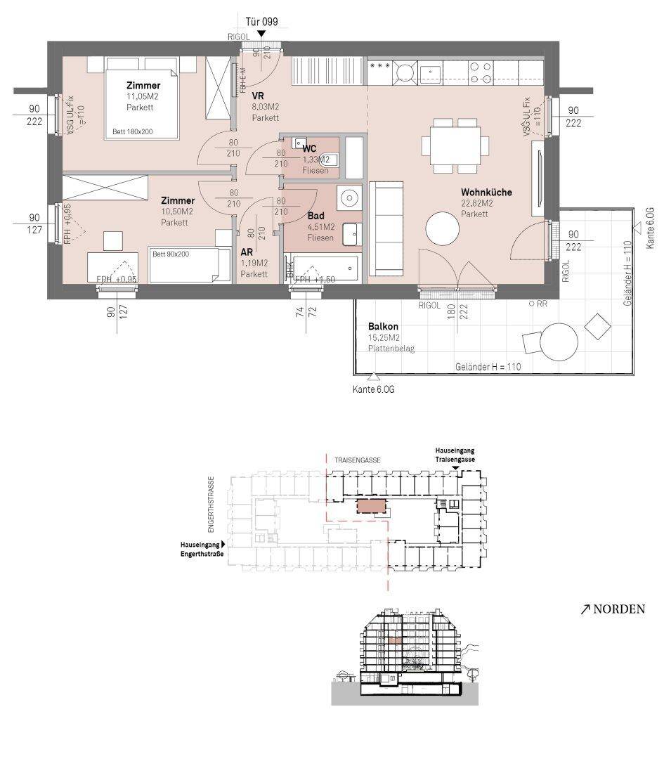 Dieser Grundriss zeigt eine Wohnung mit offenem Wohn-Essbereich, zwei Schlafzimmern, einem Badezimmer und einem separaten WC sowie einem Balkon.