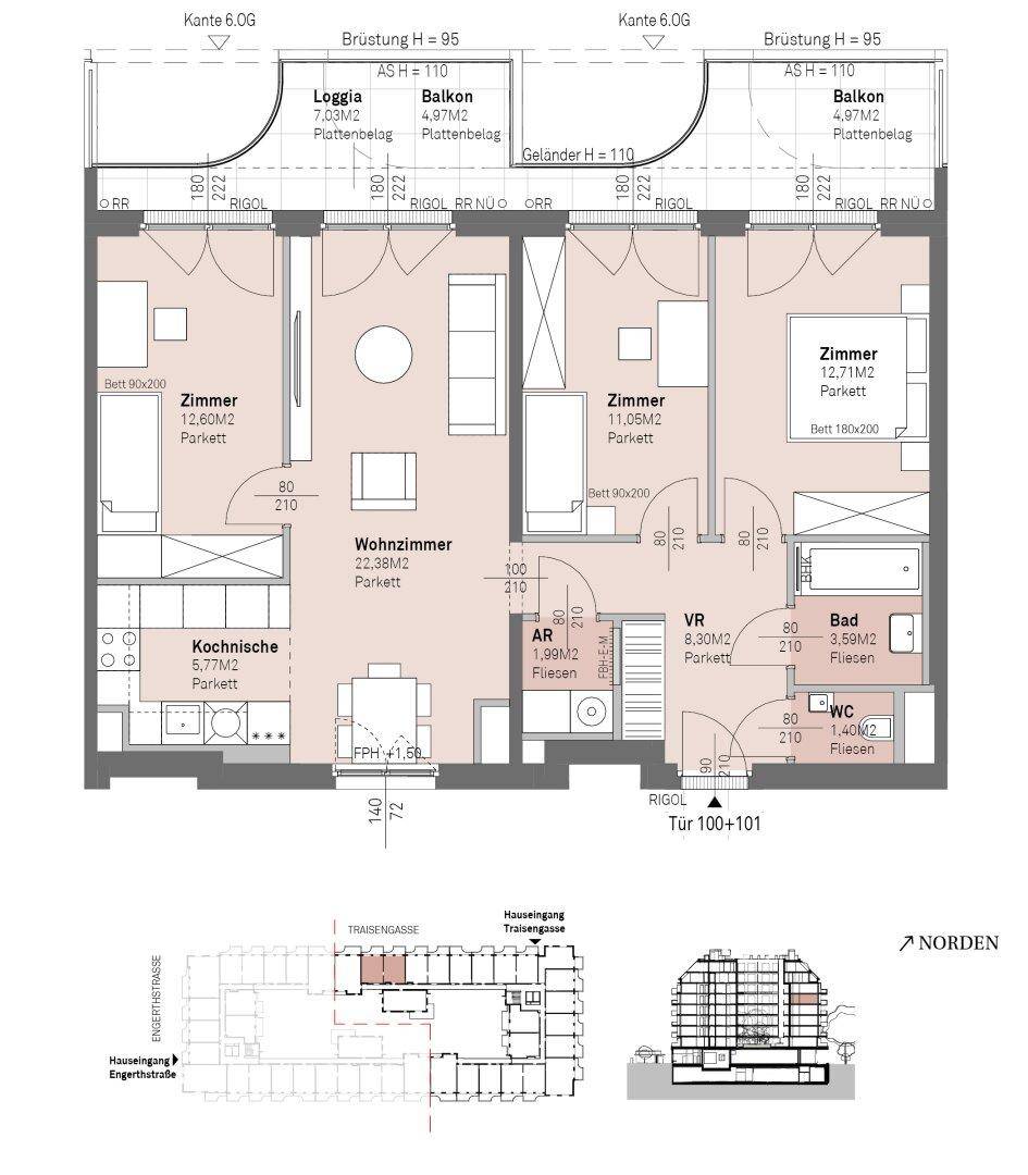 Detaillierter Grundrissplan zweier spiegelverkehrter Wohnungen mit jeweils Wohnzimmer, zwei Schlafzimmern, Kochnische, Bad, WC, Loggia und Balkon.