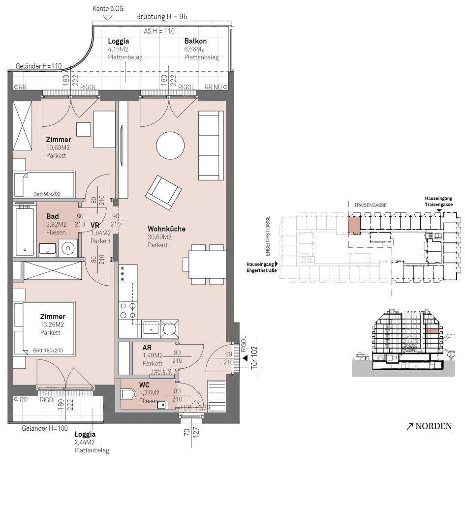 Detaillierter Grundriss einer Wohnung mit zwei Schlafzimmern, offener Wohnküche, Bad, separatem WC, Loggia und Balkon.