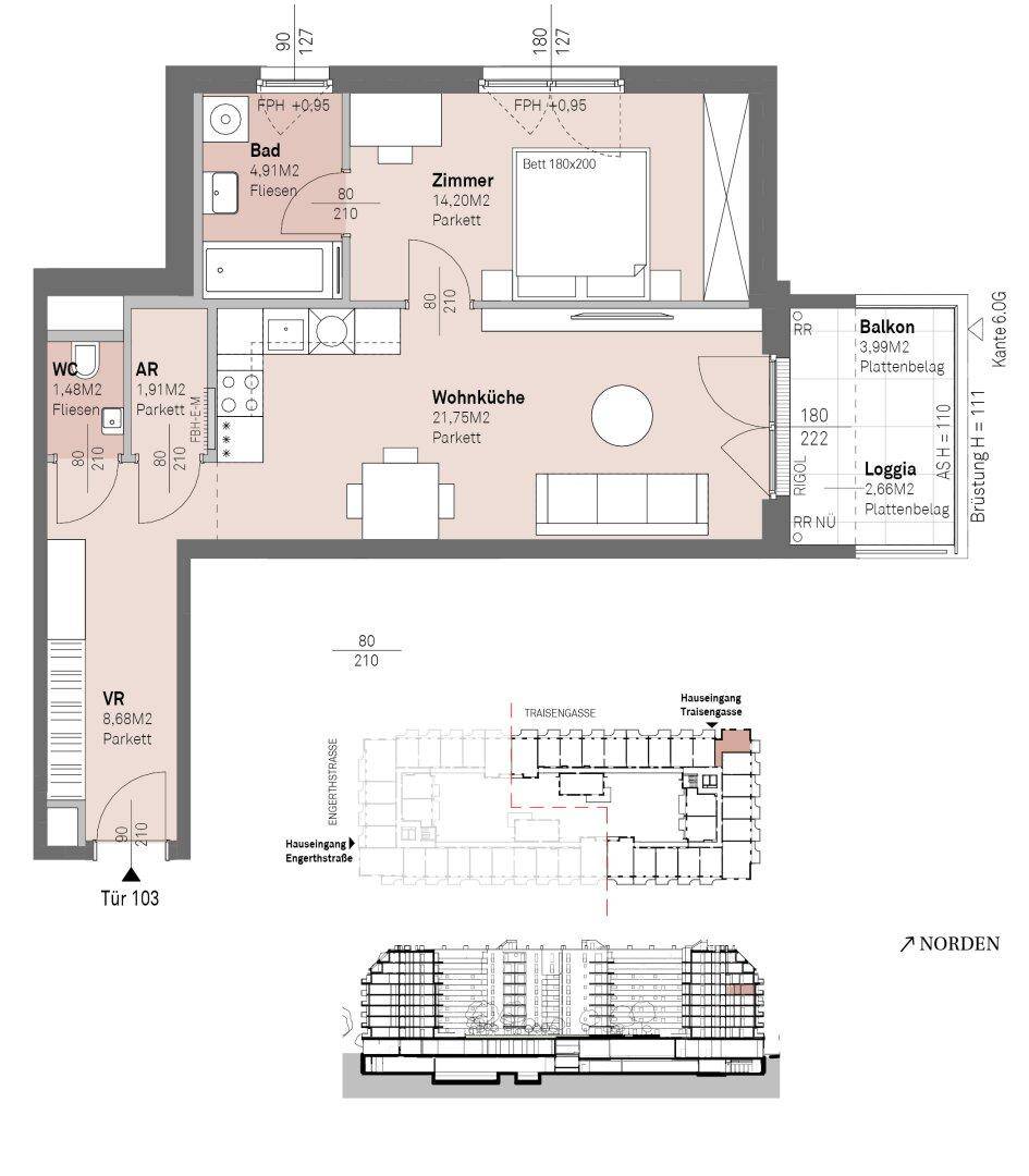 Dieser Grundriss zeigt eine Wohnung mit offener Wohnküche, einem Schlafzimmer, Bad, separatem WC, Abstellraum sowie Balkon und Loggia.