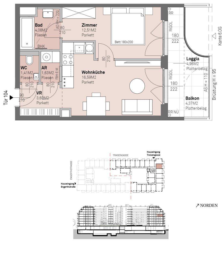 Grundriss einer Wohnung mit offener Wohnküche, Schlafzimmer, Bad, separatem WC, Loggia und Balkon.