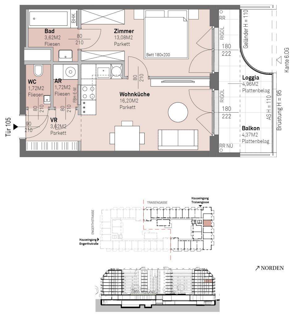 Detaillierter Grundriss einer Wohnung mit Wohnküche, Schlafzimmer, Bad, separatem WC, Loggia und Balkon.