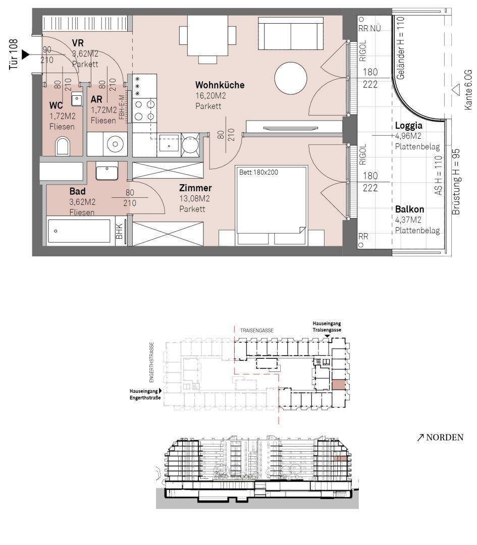 Detaillierter Grundriss einer Wohnung mit offener Wohnküche, einem Schlafzimmer, Bad, separatem WC, Loggia und Balkon.