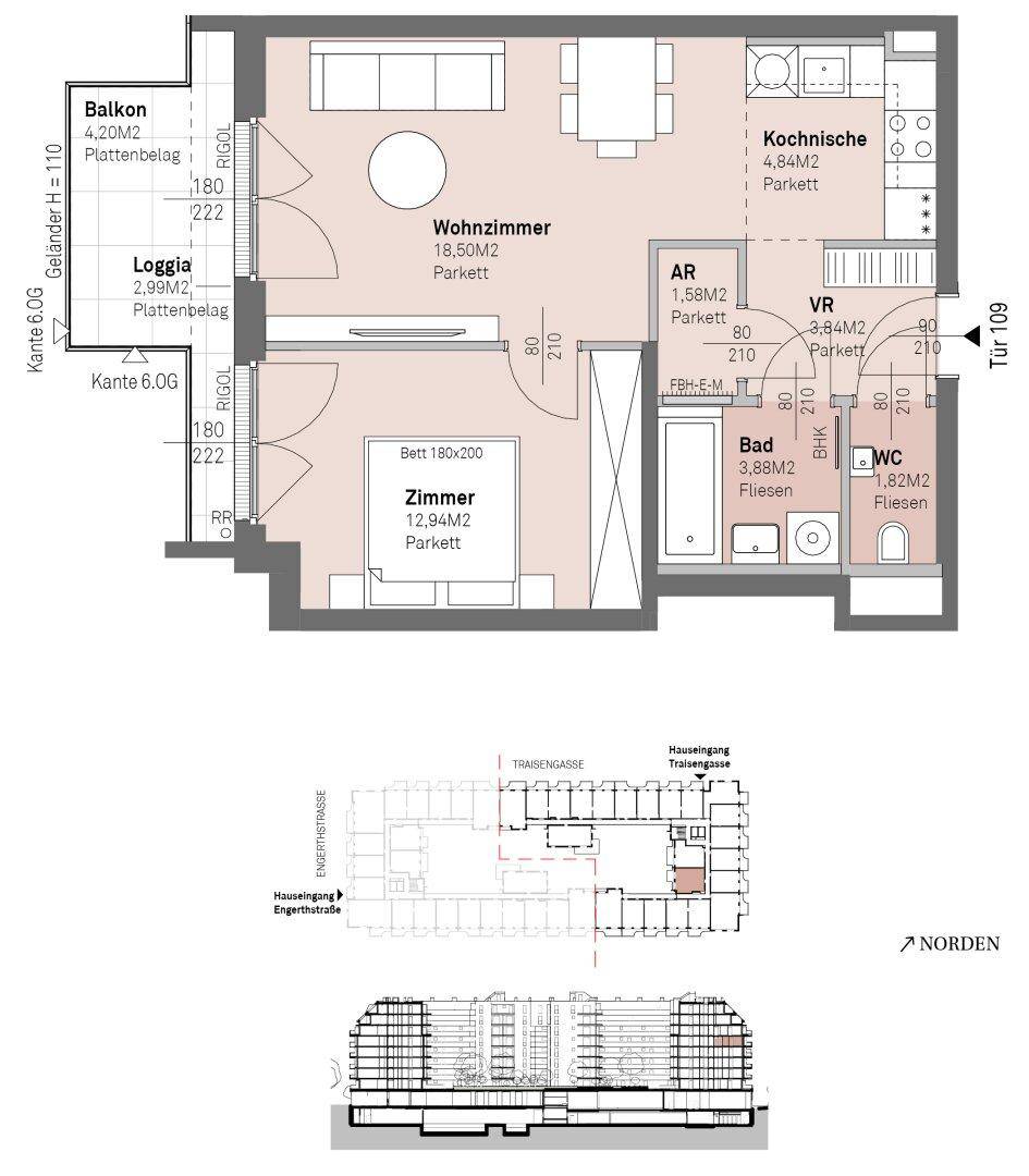 Detaillierter Grundriss einer modernen Wohnung mit offenem Wohnbereich, Schlafzimmer, Bad, separatem WC, Balkon und Loggia.