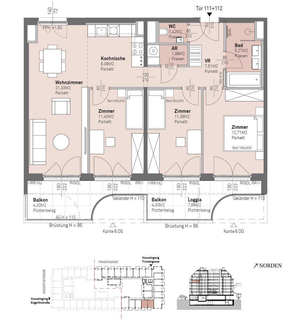 Detaillierter Grundriss einer Wohnung mit drei Zimmern, Balkonen und einer Loggia.