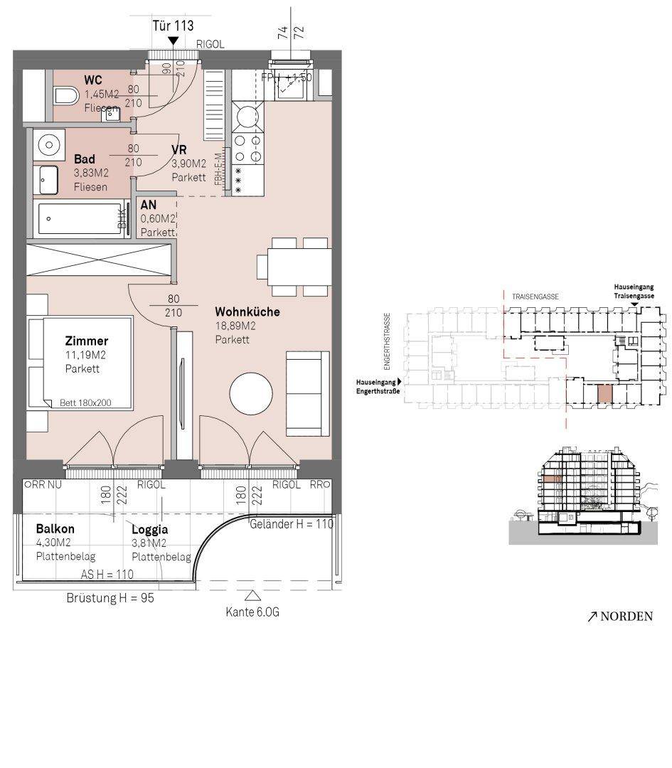 Grundriss einer Wohnung mit offenem Wohn-Essbereich, Schlafzimmer, Bad, separatem WC, Balkon und Loggia.