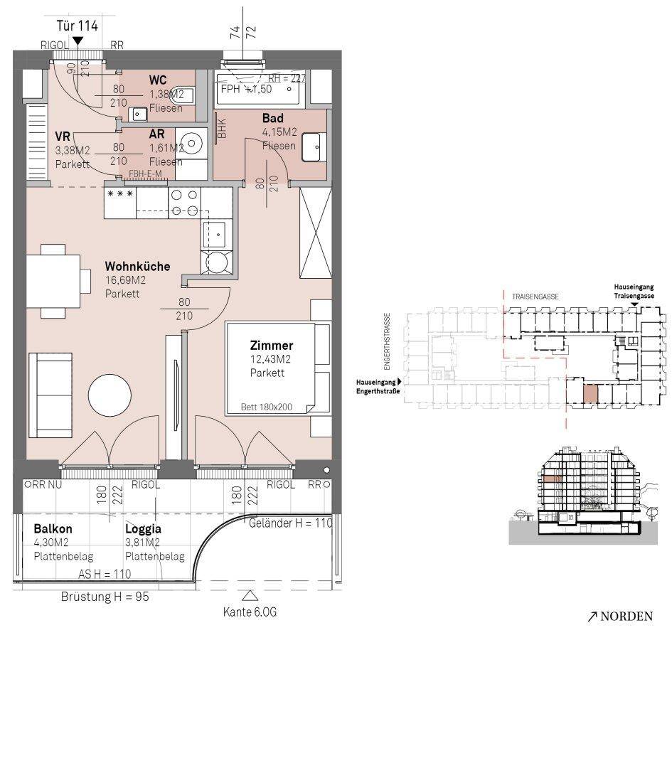 Grundriss einer Wohnung mit offener Wohnküche, einem Schlafzimmer, Bad, separatem WC, Balkon und Loggia.