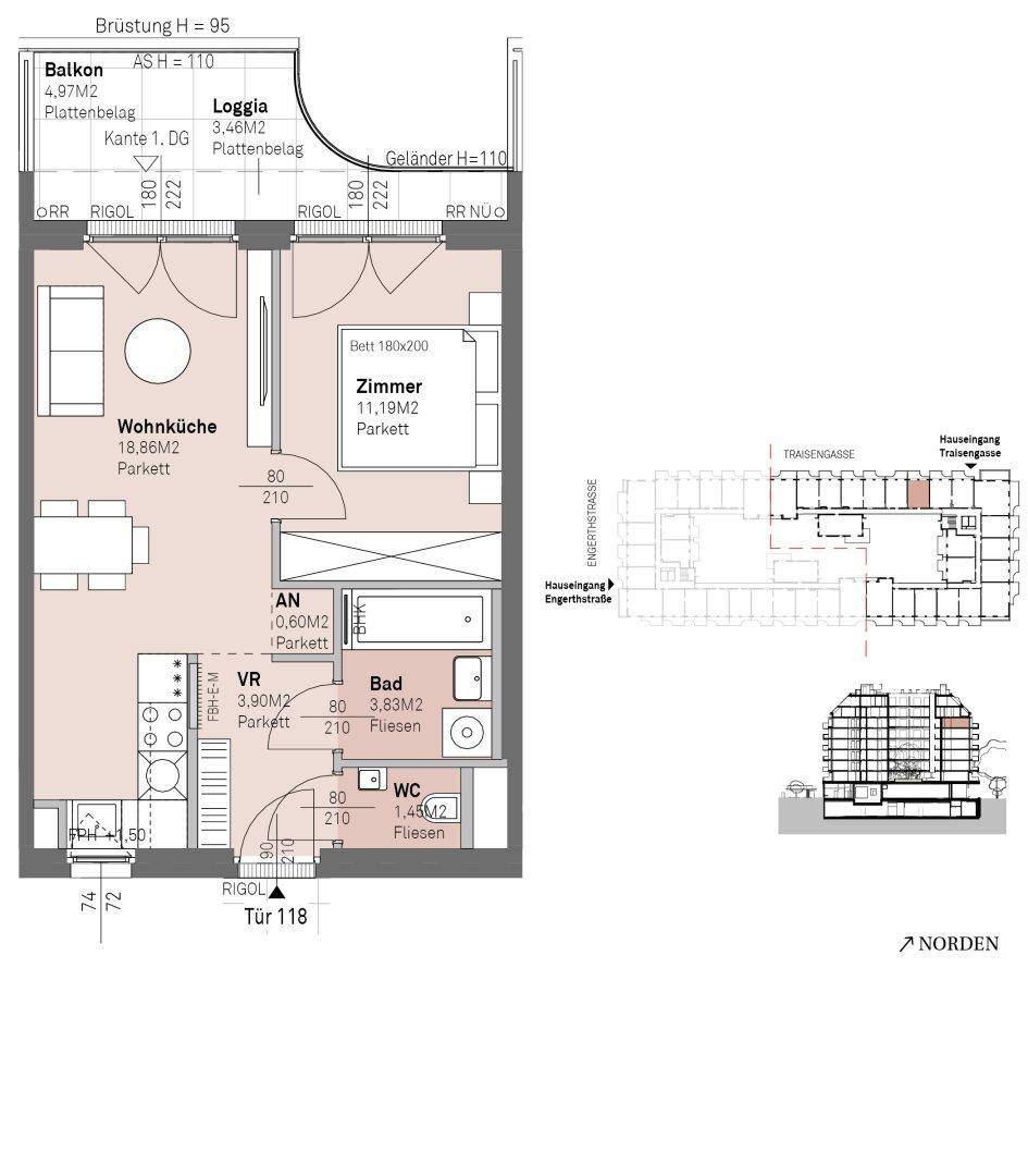 Dieser Grundriss zeigt eine Wohnung mit offener Wohnküche, einem Schlafzimmer, Bad, separatem WC, Balkon und Loggia.