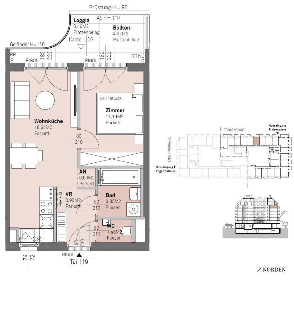 Grundriss einer Wohnung mit offener Wohnküche, Schlafzimmer, Bad, separatem WC, Loggia und Balkon.