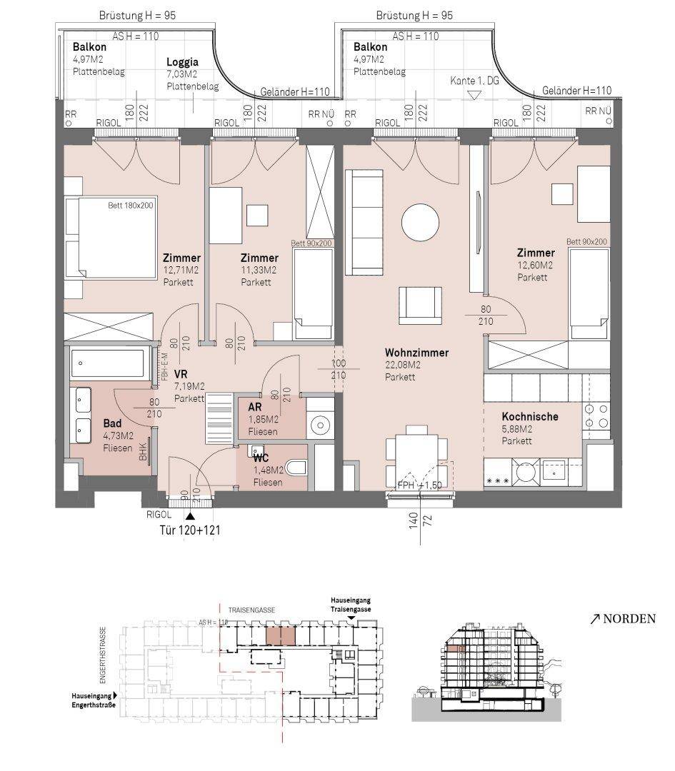Grundrissplan einer Wohnung mit offenem Wohnbereich, Kochnische, zwei Schlafzimmern, Bad, separatem WC, Balkon und Loggia.