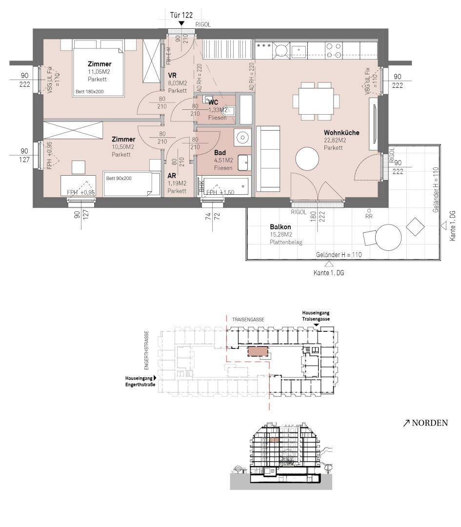 Detaillierter Grundriss einer Wohnung mit drei Zimmern, Wohnküche und Balkon.