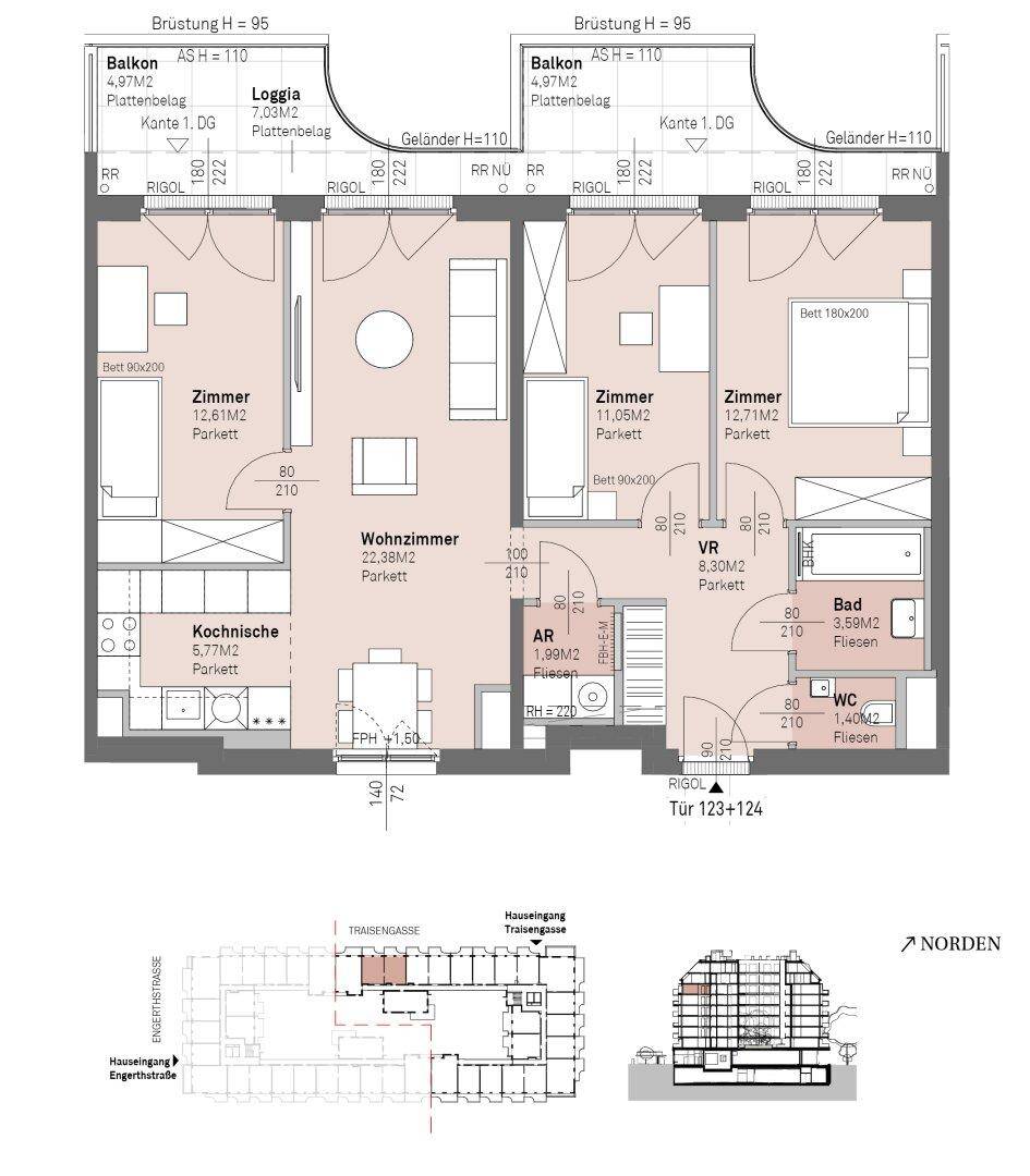 Detaillierter Grundrissplan von zwei Wohnungen mit Balkon, Loggia und offener Kochnische.