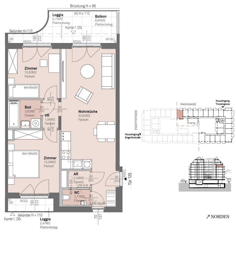 Detaillierter Grundriss einer Wohnung mit offener Wohnküche, zwei Schlafzimmern und zwei Außenbereichen.