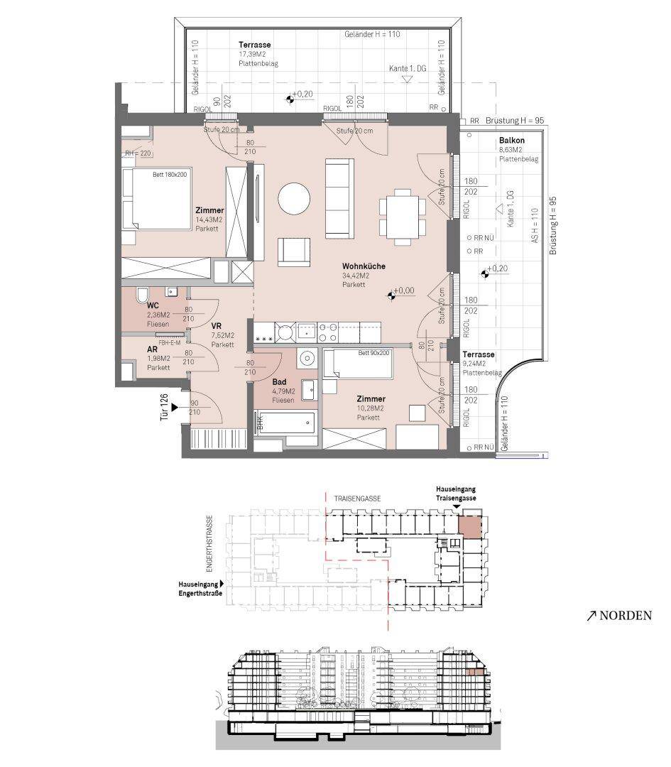 Grundriss einer Wohnung mit Terrasse, Balkon und separatem WC.