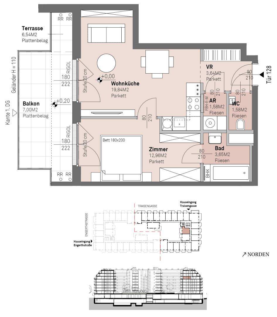 Dieser Grundriss zeigt eine effiziente Raumaufteilung mit offener Wohnküche, einem Schlafzimmer, Bad, Gäste-WC sowie Zugang zu Balkon und Terrasse.