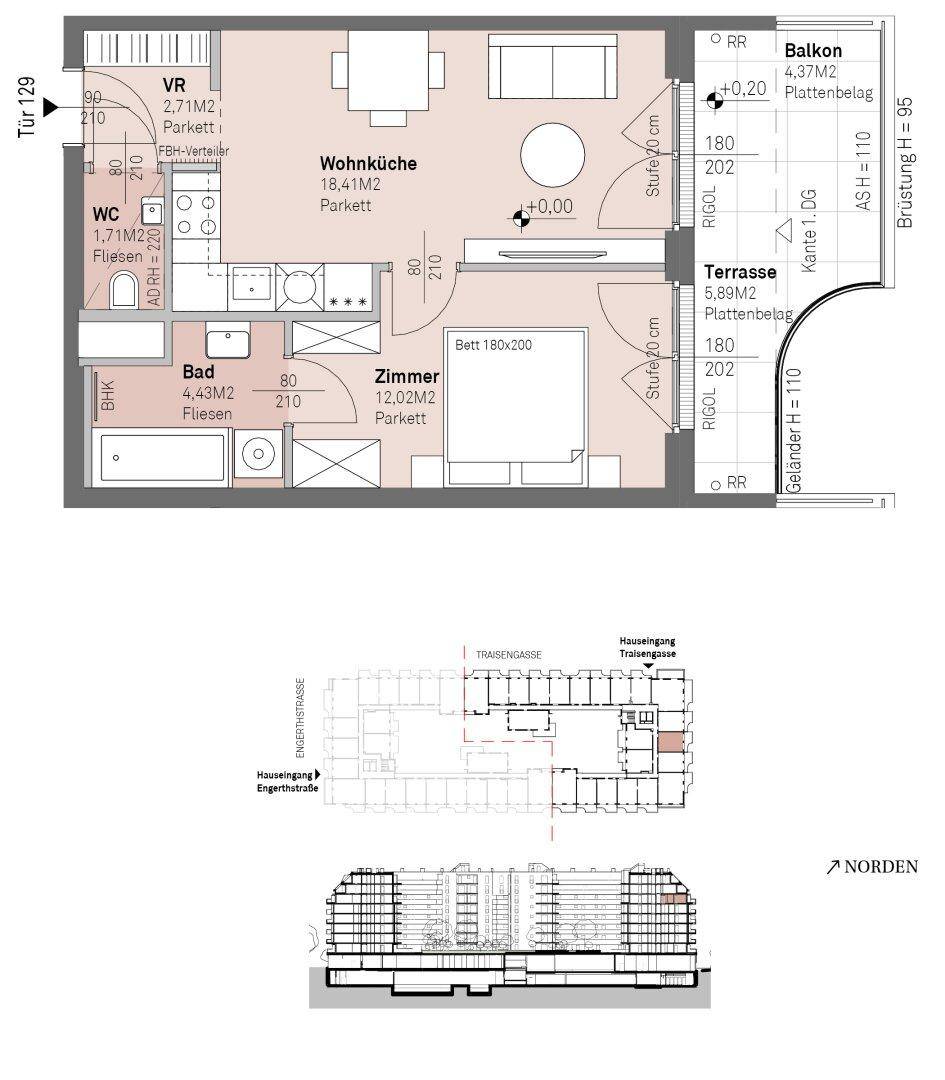 Grundriss einer Wohnung mit offener Wohnküche, Schlafzimmer, Bad, WC, Balkon und Terrasse.