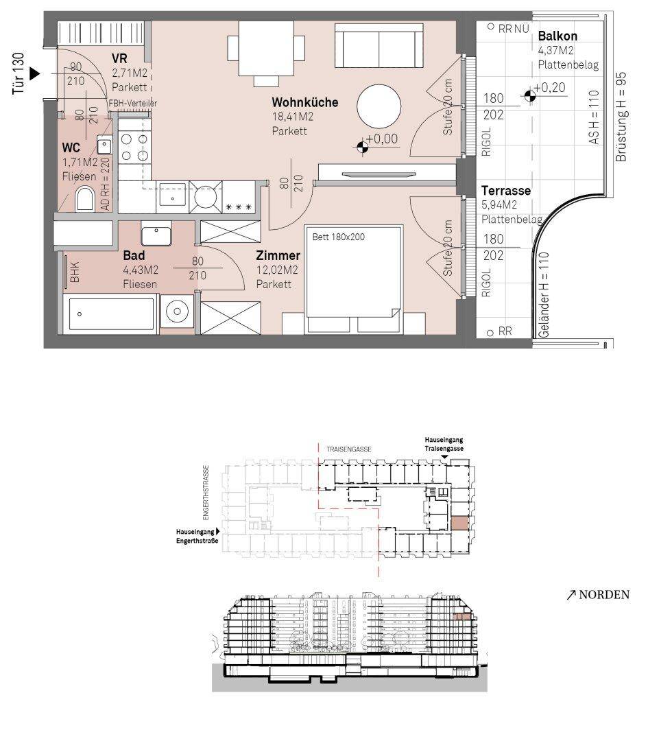 Grundriss einer Wohnung mit Wohnküche, Schlafzimmer, Bad, separatem WC, Balkon und Terrasse.