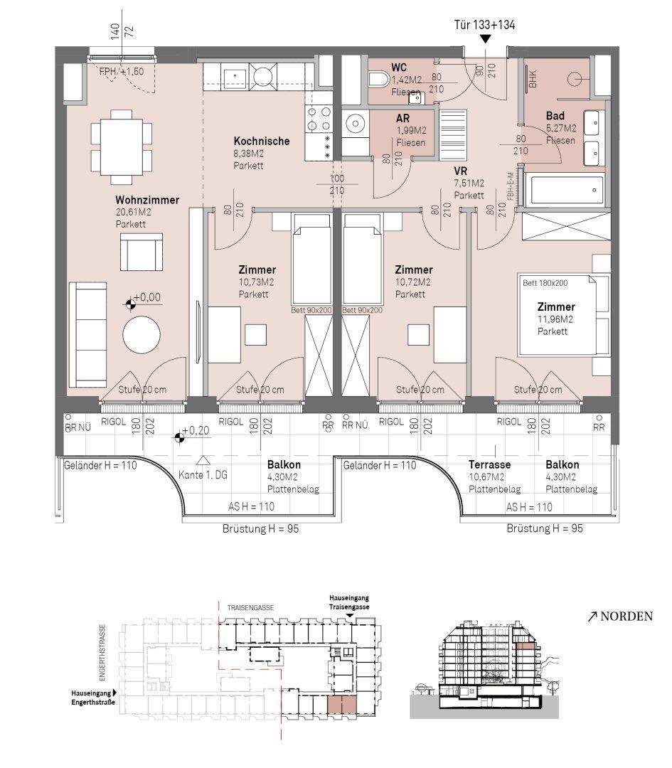 Detaillierter Grundriss einer Wohnung mit drei Zimmern, Kochbereich und Balkonen.