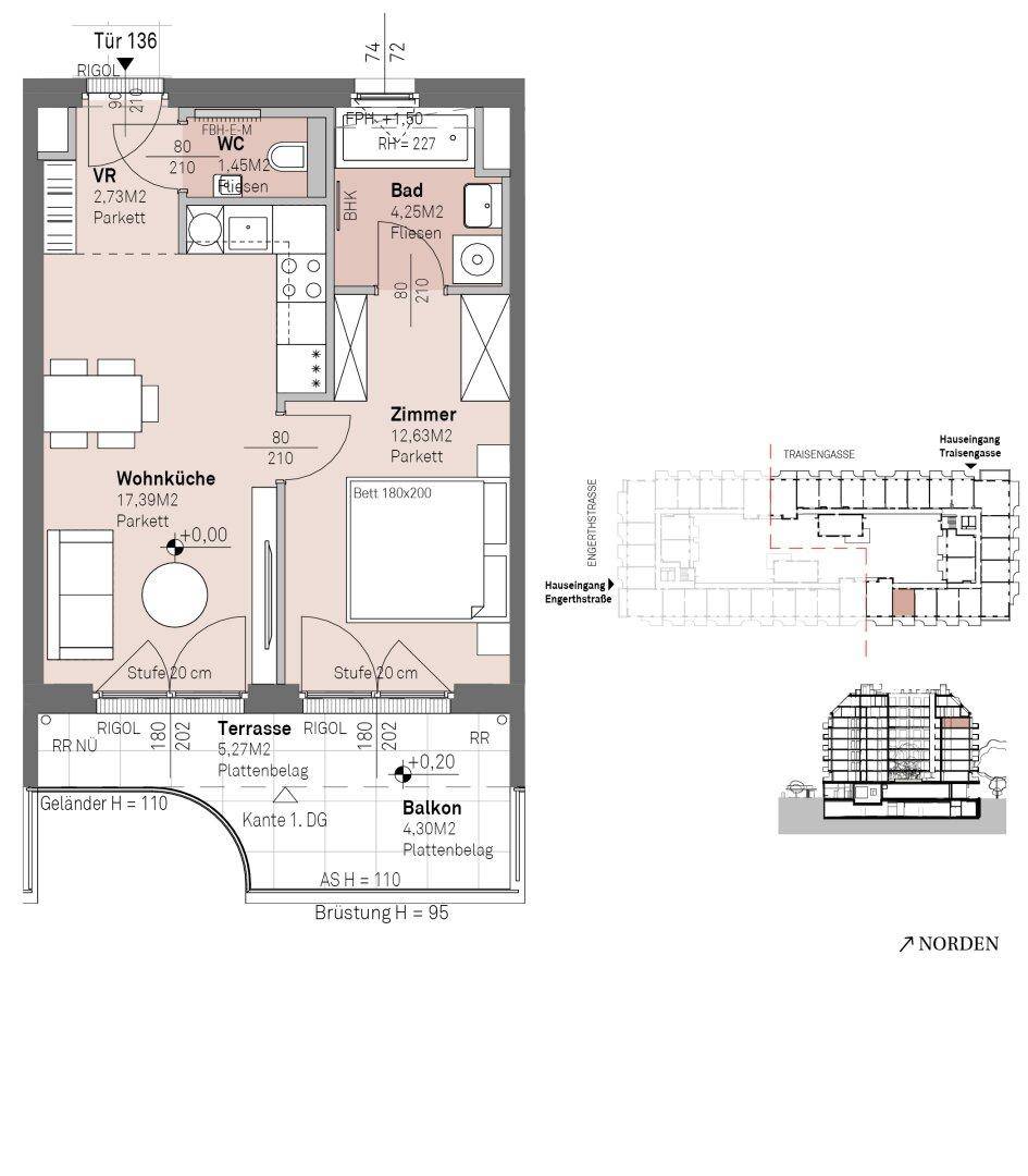 Grundriss einer Wohnung mit Balkon und Terrasse, zeigt die Raumaufteilung und Flächen.