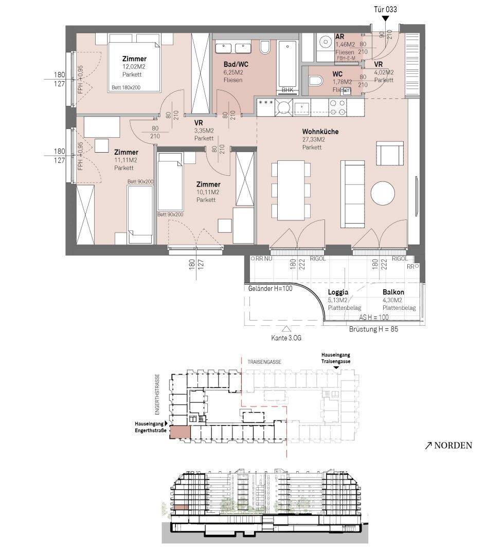 Detaillierter Grundriss einer Wohnung mit drei Zimmern, Loggia und Balkon.