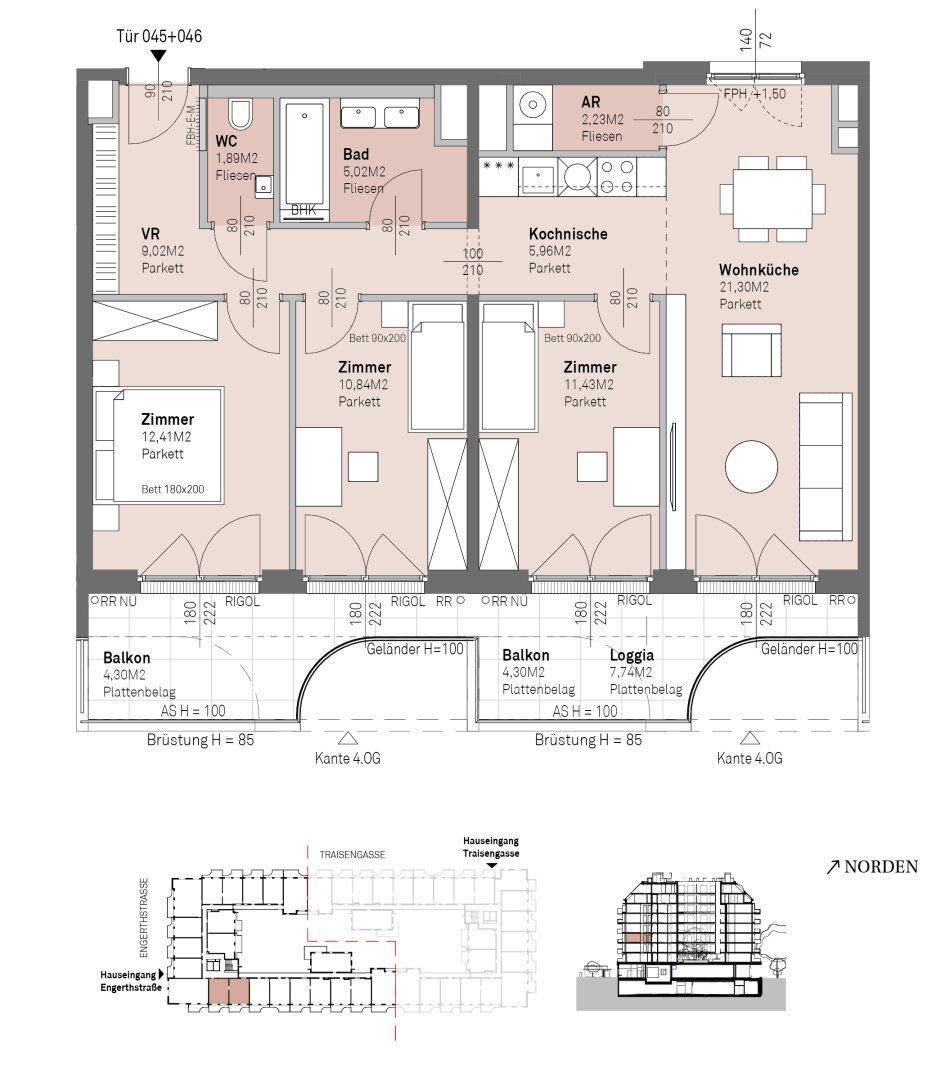 Detaillierter Grundriss einer Wohnung mit zwei Schlafzimmern, Balkon und Loggia.