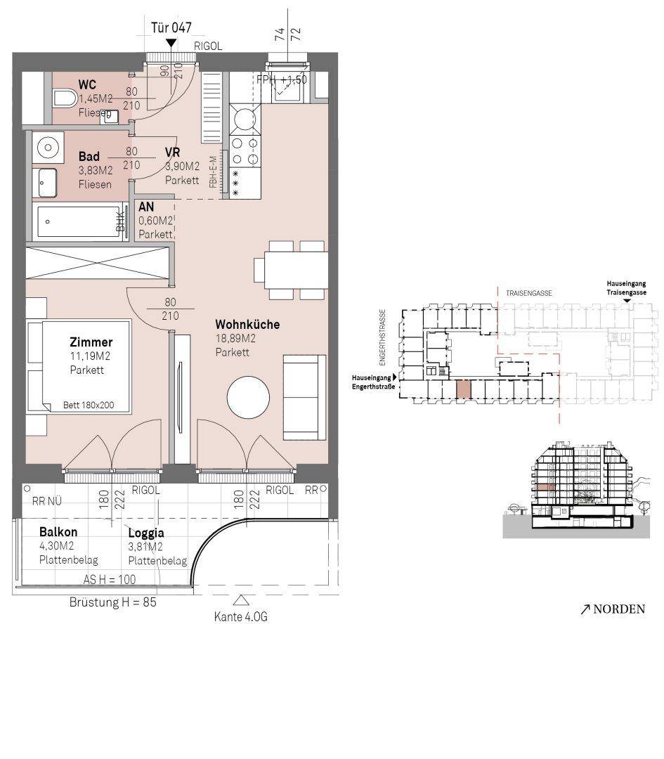 Grundriss einer Wohnung mit Wohnküche, Zimmer, Bad, WC, Balkon und Loggia.