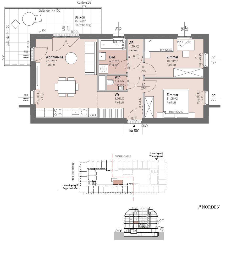 Detaillierter Grundriss einer Wohnung mit Wohnküche, zwei Zimmern, Bad und Balkon.