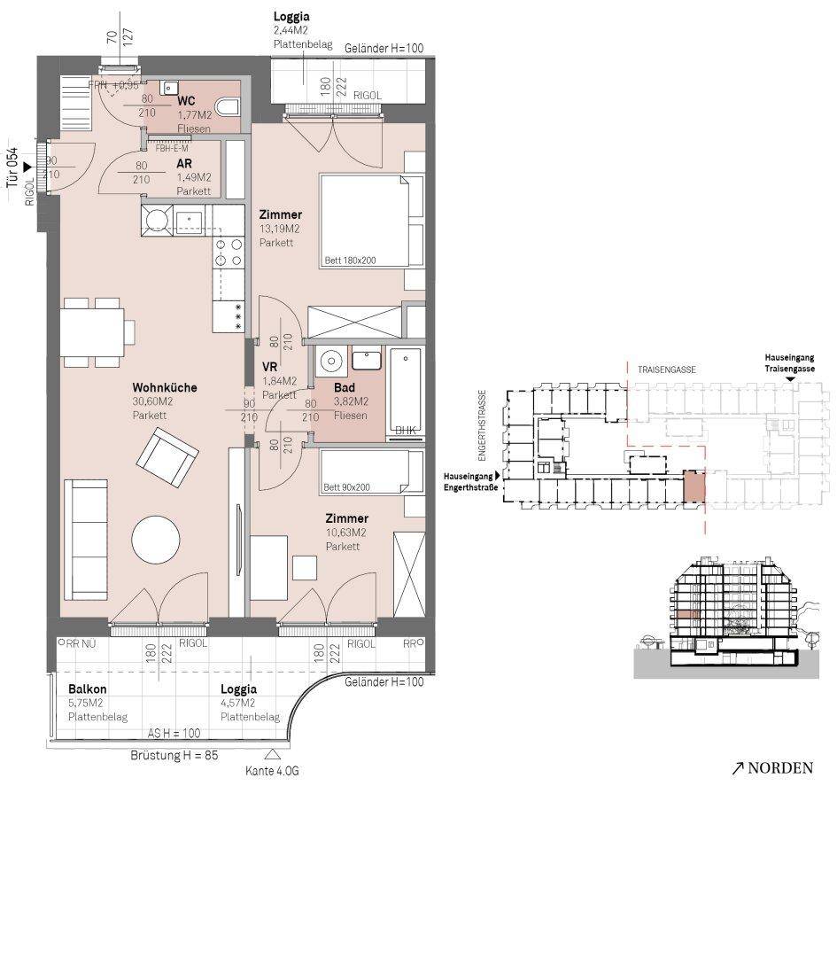 Dieser Grundriss zeigt eine Wohnung mit offener Wohnküche, zwei Schlafzimmern, einem Badezimmer, separatem WC, Balkon und Loggia.
