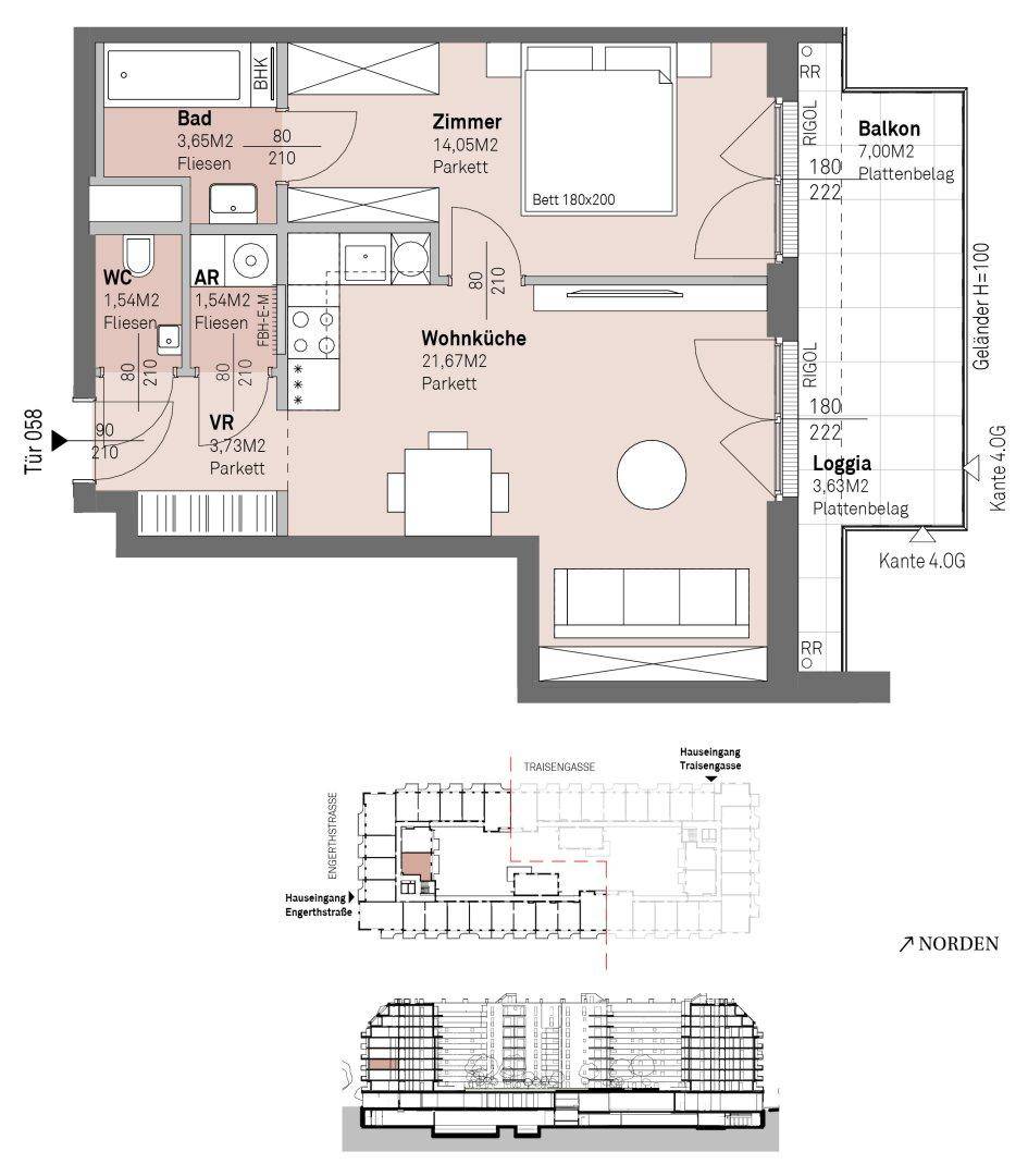 Grundriss einer Wohnung mit Wohnküche, Schlafzimmer, Bad und Balkon.