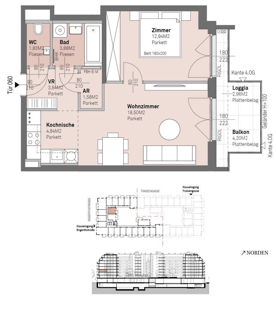 Grundriss einer Wohnung mit Wohnzimmer, Schlafzimmer, Küche, Bad, WC, Loggia und Balkon.