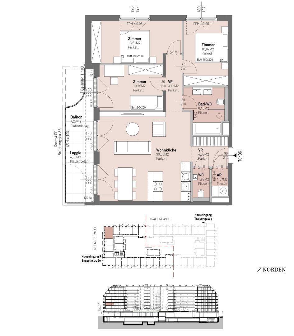Detaillierter Grundriss einer Wohnung mit drei Zimmern, Wohnküche, Balkon und Loggia.