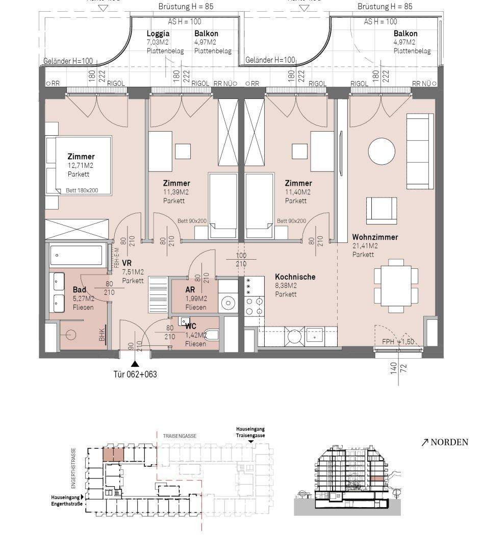 Grundriss einer Wohnung mit zwei Zimmern, Kochnische, Bad und Balkon.