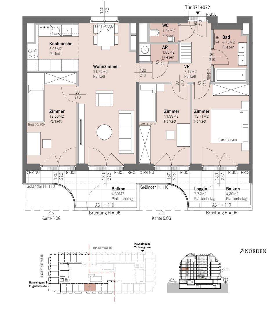 Grundriss einer Wohnung mit offener Wohnküche, drei Zimmern, zwei Bädern und Balkonen.
