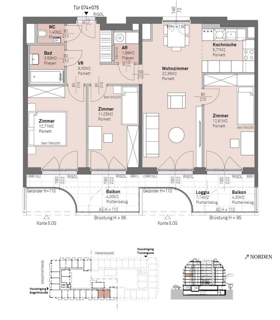 Detaillierter Grundriss mit zwei Wohneinheiten, jeweils mit Balkon oder Loggia und mehreren Zimmern.