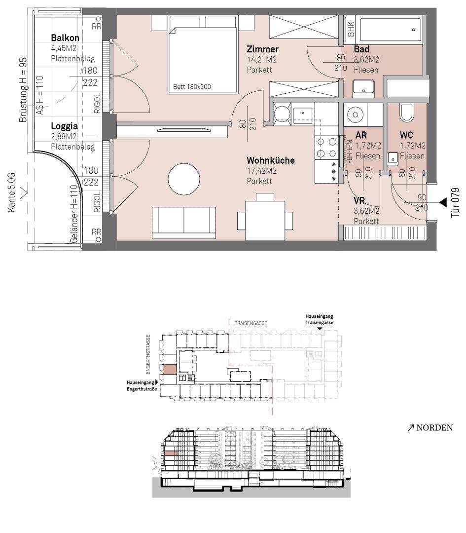 Detaillierter Grundriss einer Wohnung mit Balkon, Loggia und separatem WC.