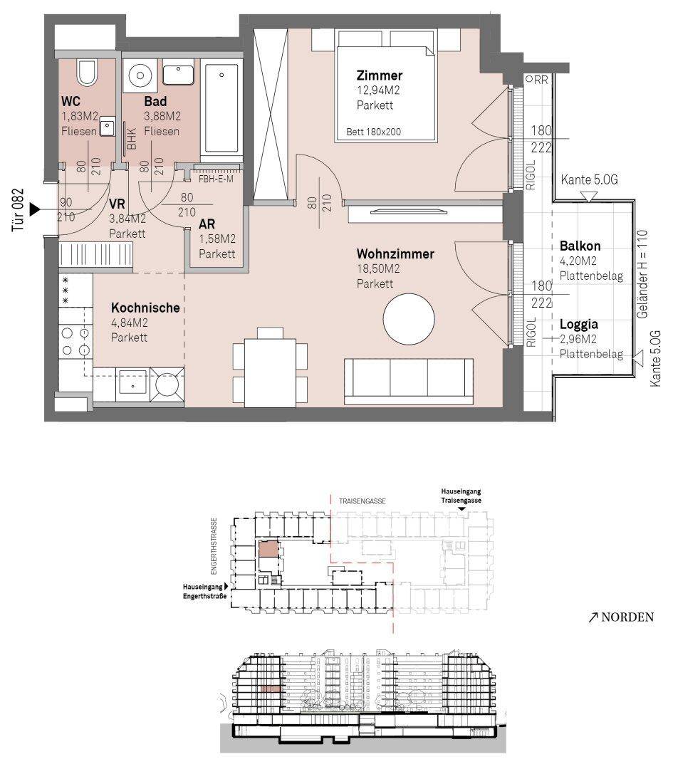 Grundriss einer Wohnung mit Balkon, Loggia und separatem WC.