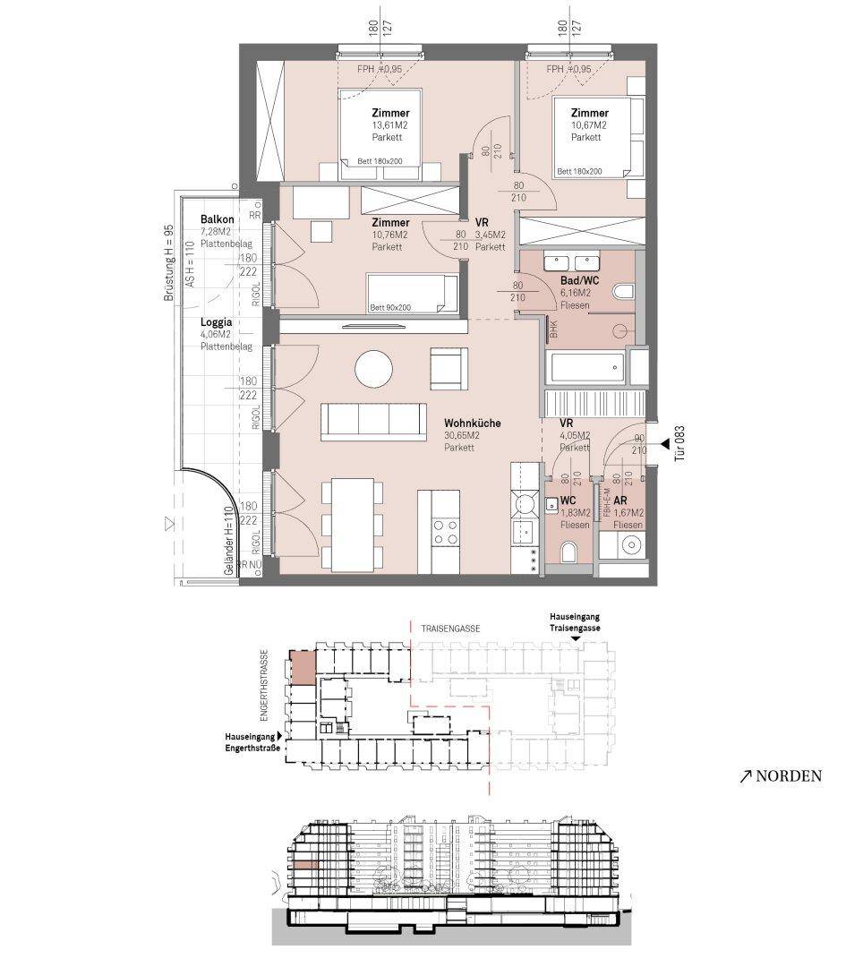 Grundriss einer Wohnung mit Wohnküche, zwei Schlafzimmern, Bad und Loggia.