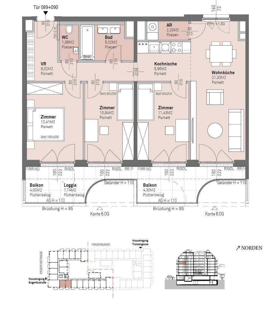 Grundriss einer Wohnung mit drei Zimmern, einer Wohnküche, Bad, WC, Balkon und Loggia.
