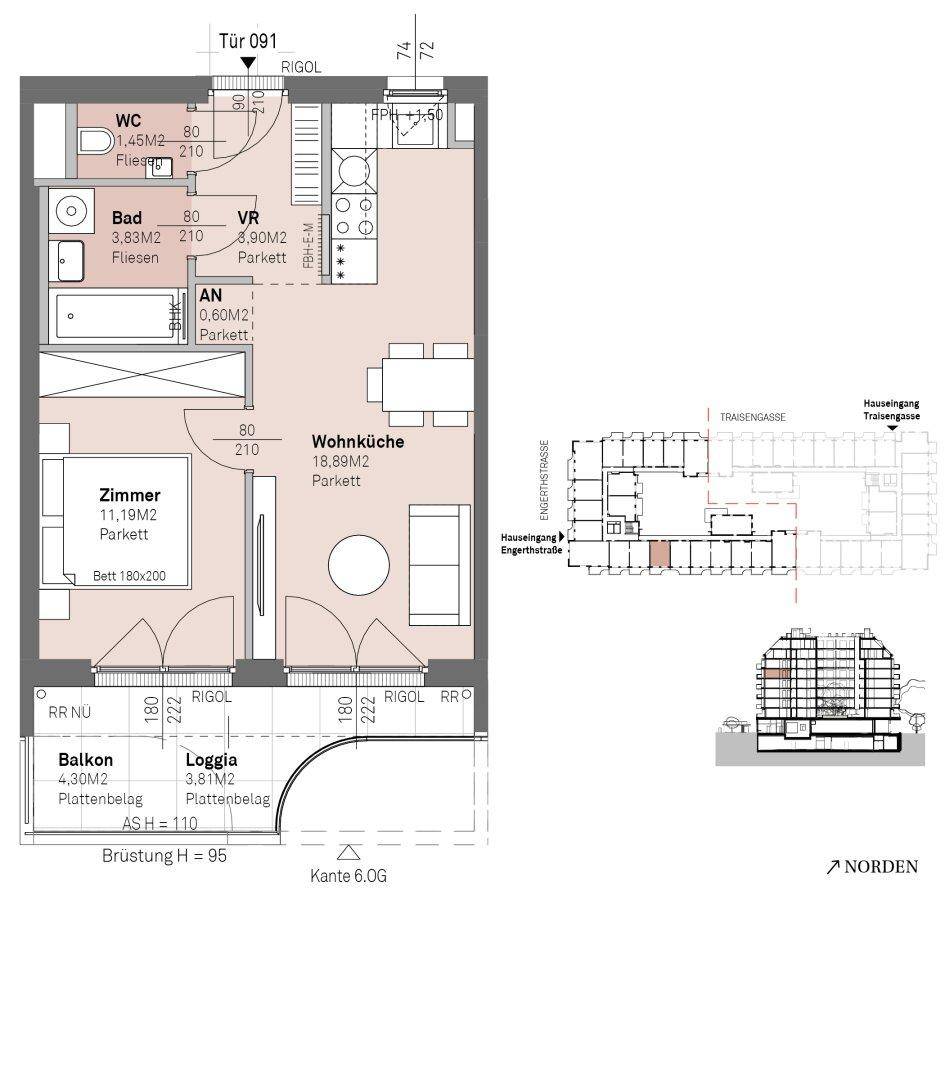 Detaillierter Grundriss einer Wohnung mit offener Wohnküche, Schlafzimmer, Bad, separatem WC, Balkon und Loggia.